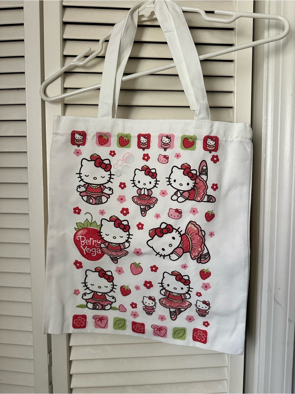 Hello Kitty Pink and Red Berry Yoga White Canvas Tote